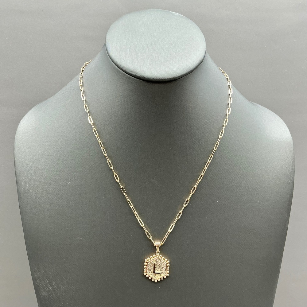 Initial L Pendant Necklace Womens Gold Tone Hexagon Paperclip Chain Adjustable
